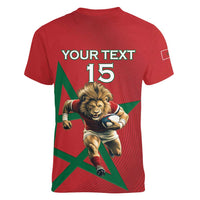 Morocco Rugby Custom Women V-Neck T-Shirt Lion Mascot Green Star