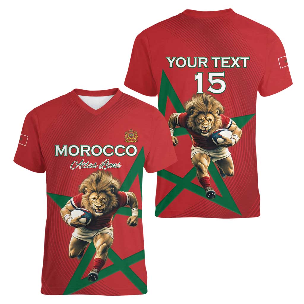 Morocco Rugby Custom Women V-Neck T-Shirt Lion Mascot Green Star