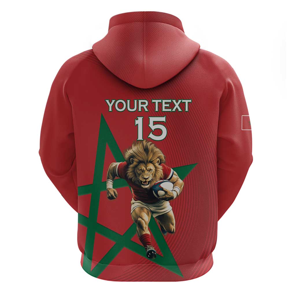 Morocco Rugby Custom Zip Hoodie Lion Mascot Green Star