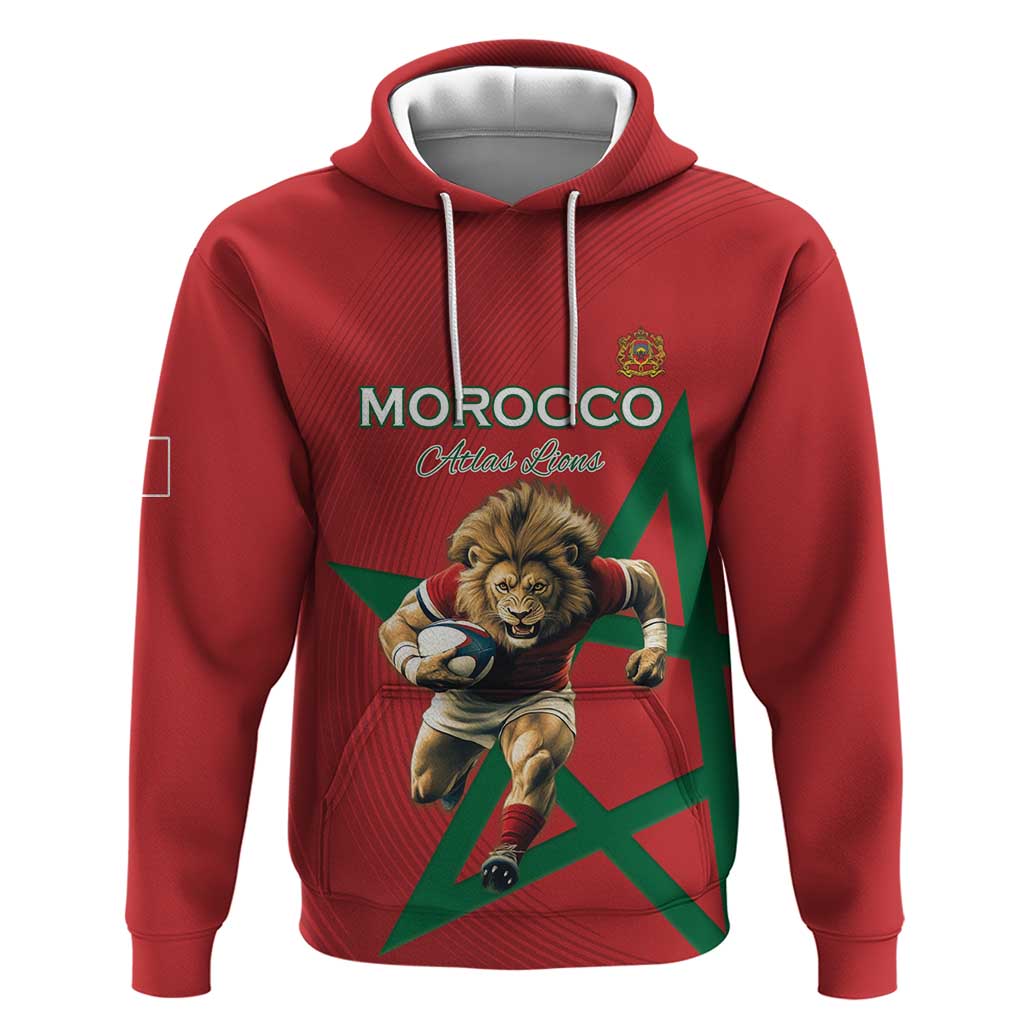 Morocco Rugby Custom Zip Hoodie Lion Mascot Green Star