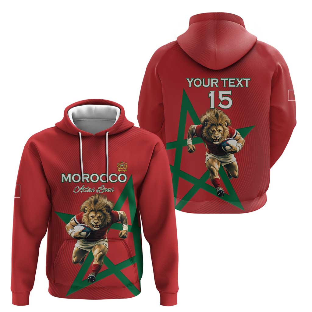 Morocco Rugby Custom Zip Hoodie Lion Mascot Green Star
