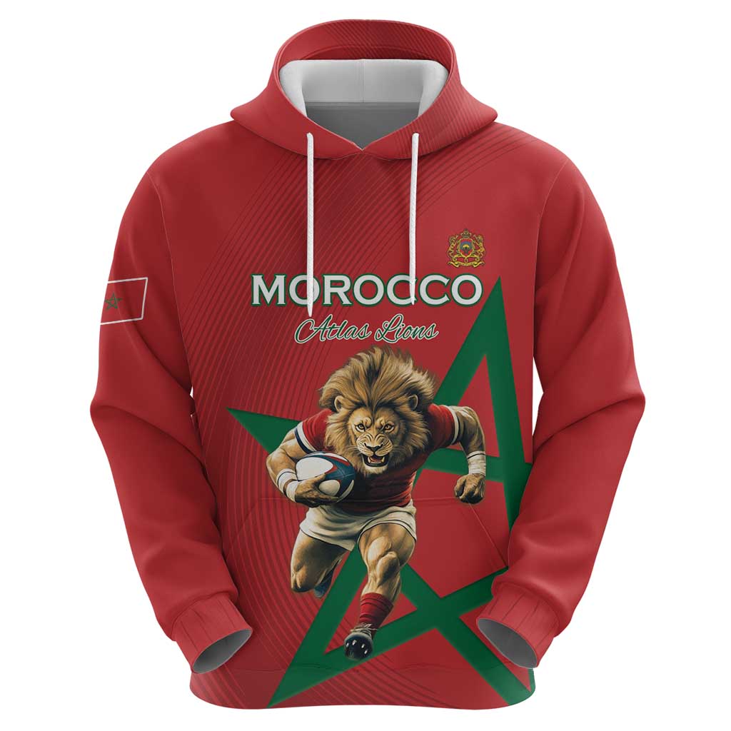 Morocco Rugby Custom Zip Hoodie Lion Mascot Green Star