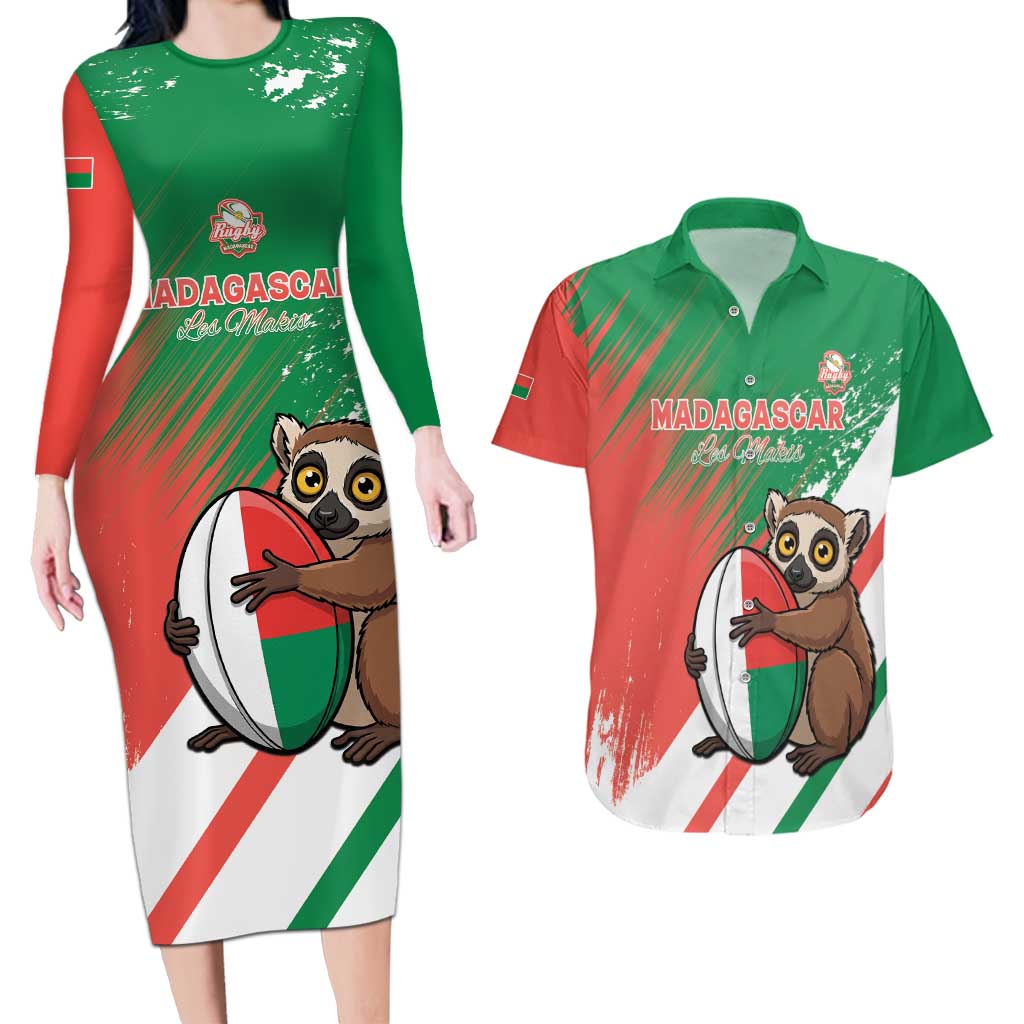 Madagascar Rugby Custom Couples Matching Long Sleeve Bodycon Dress and Hawaiian Shirt Go Les Makis - Wonder Print Shop