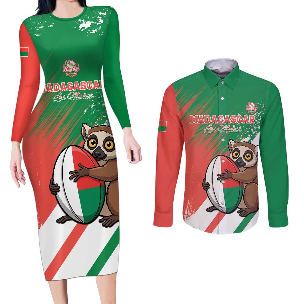Madagascar Rugby Custom Couples Matching Long Sleeve Bodycon Dress and Long Sleeve Button Shirt Go Les Makis - Wonder Print Shop