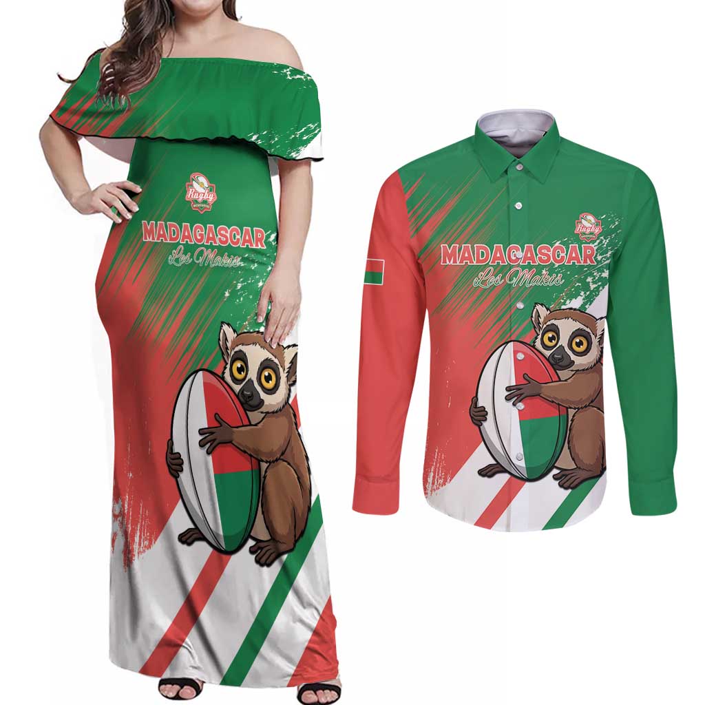 Madagascar Rugby Custom Couples Matching Off Shoulder Maxi Dress and Long Sleeve Button Shirt Go Les Makis - Wonder Print Shop