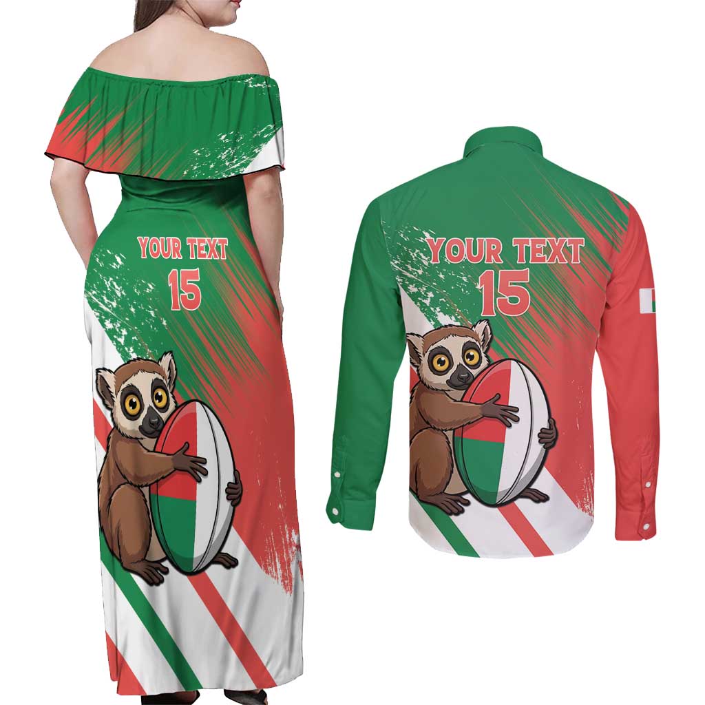 Madagascar Rugby Custom Couples Matching Off Shoulder Maxi Dress and Long Sleeve Button Shirt Go Les Makis - Wonder Print Shop