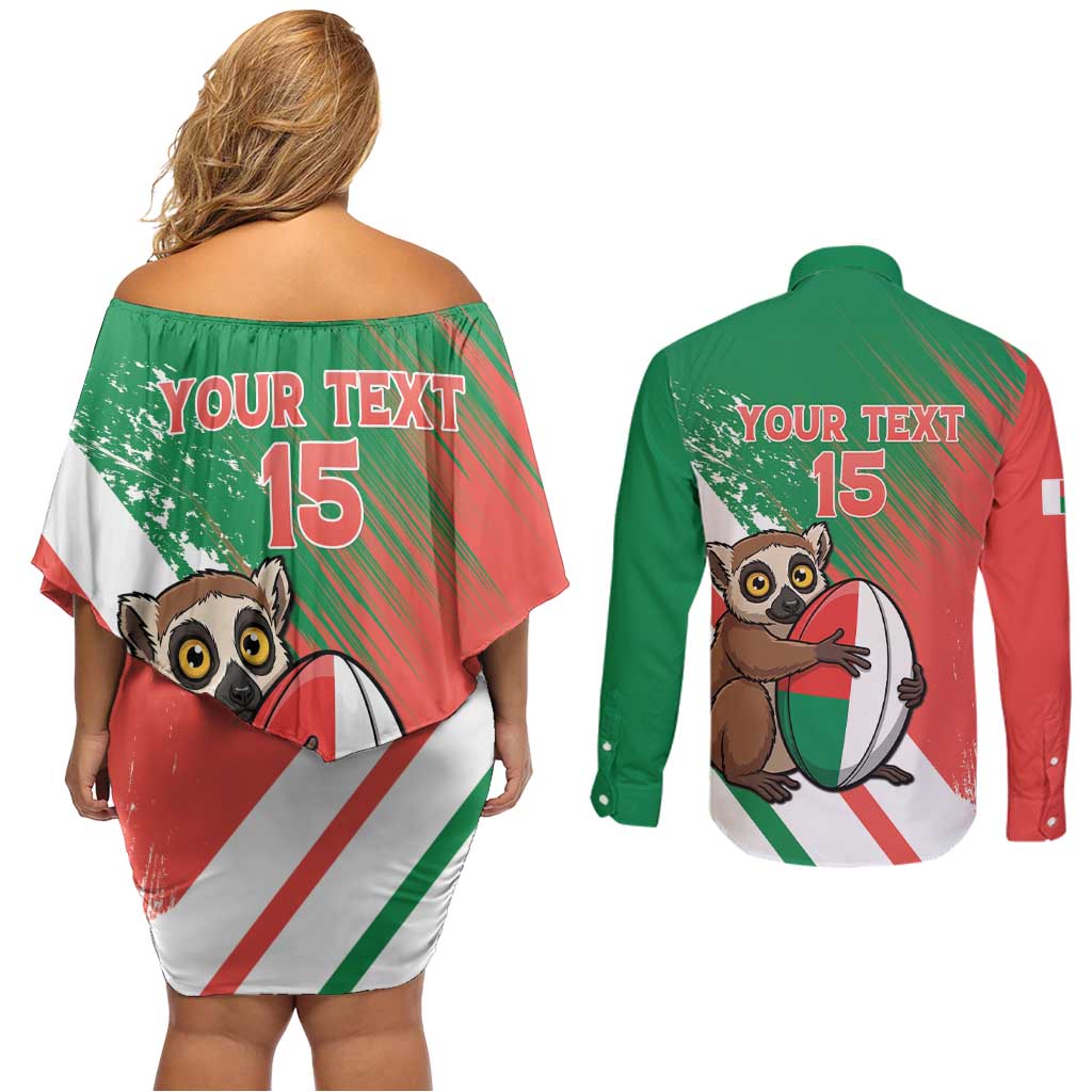 Madagascar Rugby Custom Couples Matching Off Shoulder Short Dress and Long Sleeve Button Shirt Go Les Makis - Wonder Print Shop