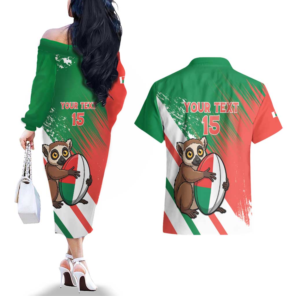 Madagascar Rugby Custom Couples Matching Off The Shoulder Long Sleeve Dress and Hawaiian Shirt Go Les Makis - Wonder Print Shop