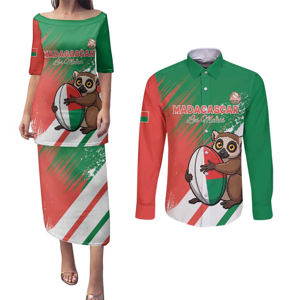 Madagascar Rugby Custom Couples Matching Puletasi and Long Sleeve Button Shirt Go Les Makis - Wonder Print Shop