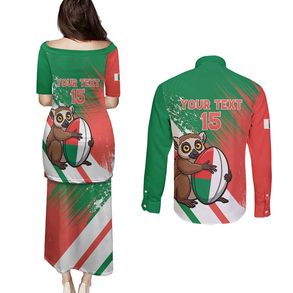 Madagascar Rugby Custom Couples Matching Puletasi and Long Sleeve Button Shirt Go Les Makis - Wonder Print Shop