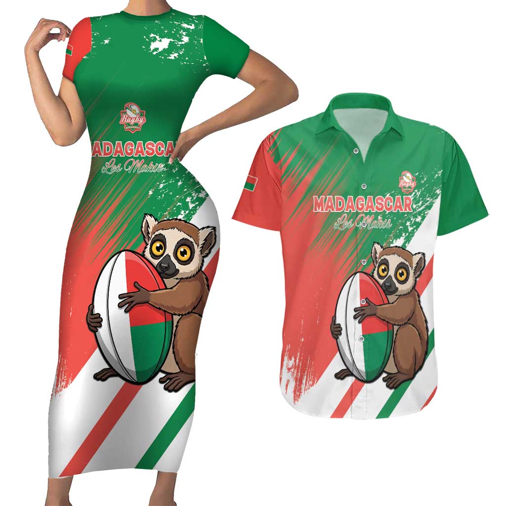 Madagascar Rugby Custom Couples Matching Short Sleeve Bodycon Dress and Hawaiian Shirt Go Les Makis - Wonder Print Shop