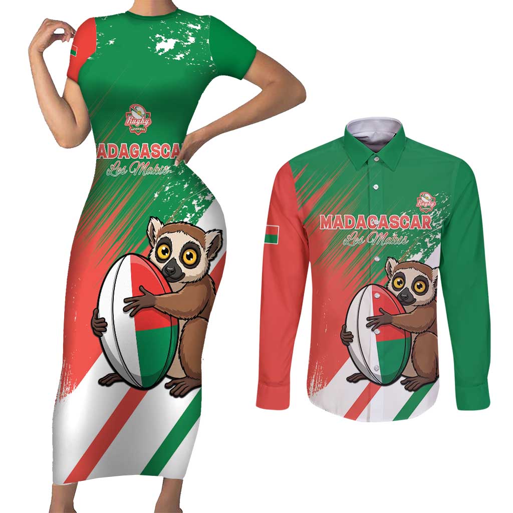 Madagascar Rugby Custom Couples Matching Short Sleeve Bodycon Dress and Long Sleeve Button Shirt Go Les Makis - Wonder Print Shop