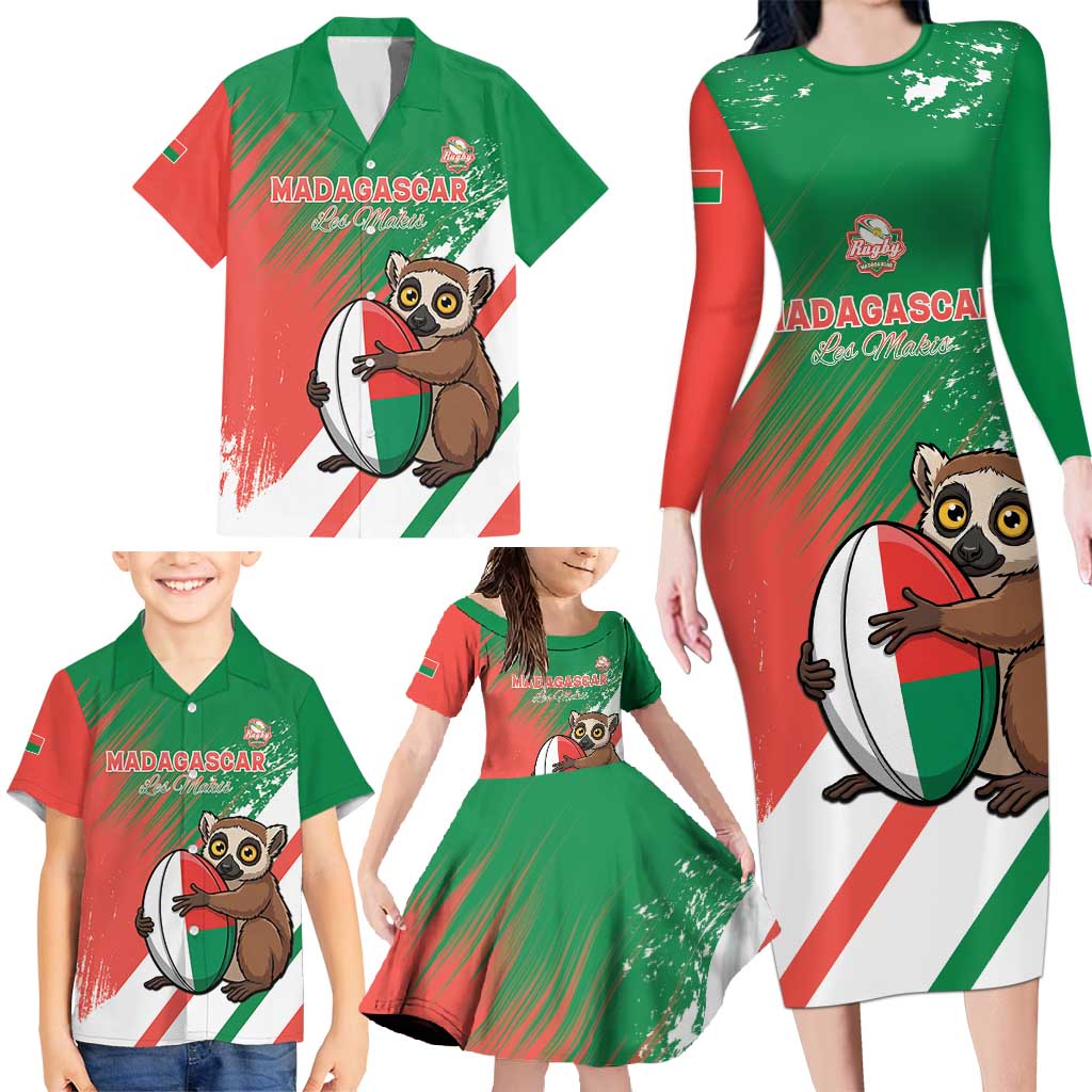 Madagascar Rugby Custom Family Matching Long Sleeve Bodycon Dress and Hawaiian Shirt Go Les Makis - Wonder Print Shop