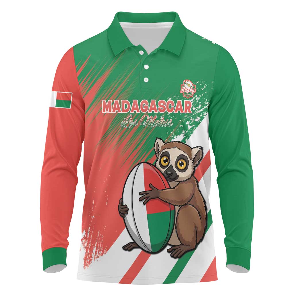 Madagascar Rugby Custom Long Sleeve Polo Shirt Go Les Makis - Wonder Print Shop