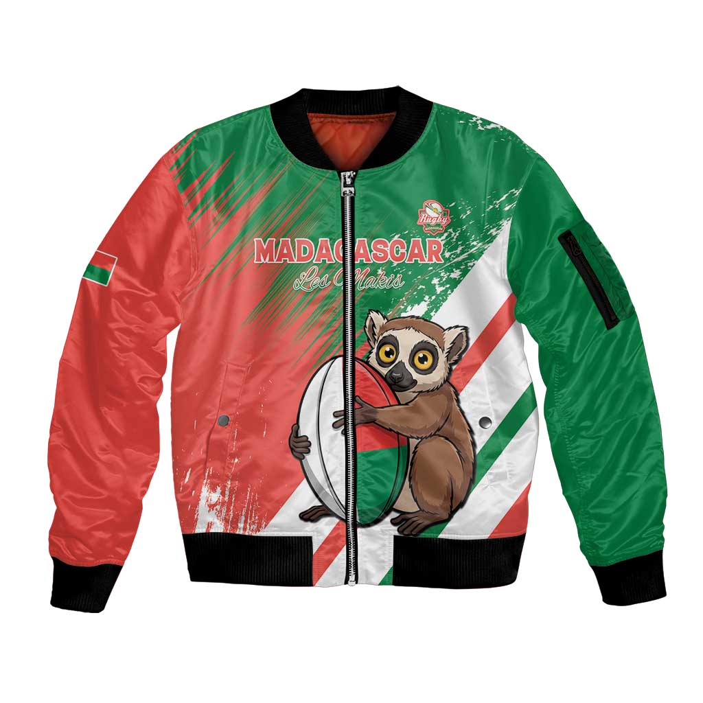 Madagascar Rugby Custom Sleeve Zip Bomber Jacket Go Les Makis - Wonder Print Shop