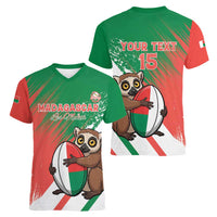 Madagascar Rugby Custom Women V-Neck T-Shirt Go Les Makis - Wonder Print Shop
