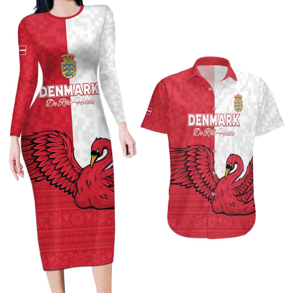 Custom Denmark Football Couples Matching Long Sleeve Bodycon Dress and Hawaiian Shirt Red and Whites Scandinavia Pattern - Wonder Print Shop