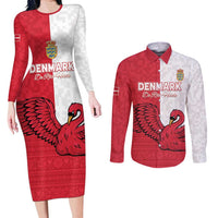Custom Denmark Football Couples Matching Long Sleeve Bodycon Dress and Long Sleeve Button Shirt Red and Whites Scandinavia Pattern - Wonder Print Shop