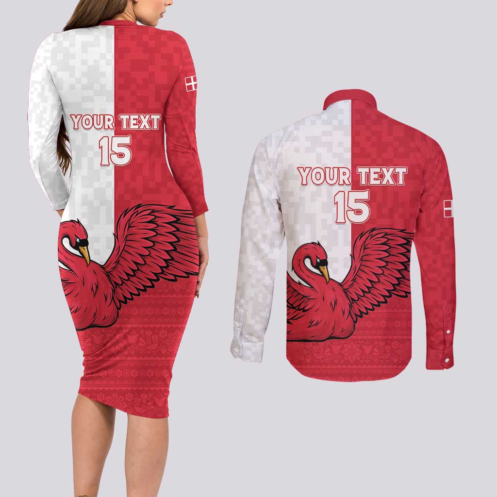 Custom Denmark Football Couples Matching Long Sleeve Bodycon Dress and Long Sleeve Button Shirt Red and Whites Scandinavia Pattern - Wonder Print Shop