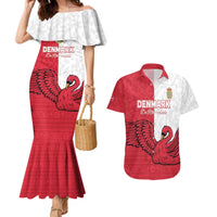 Custom Denmark Football Couples Matching Mermaid Dress and Hawaiian Shirt Red and Whites Scandinavia Pattern - Wonder Print Shop