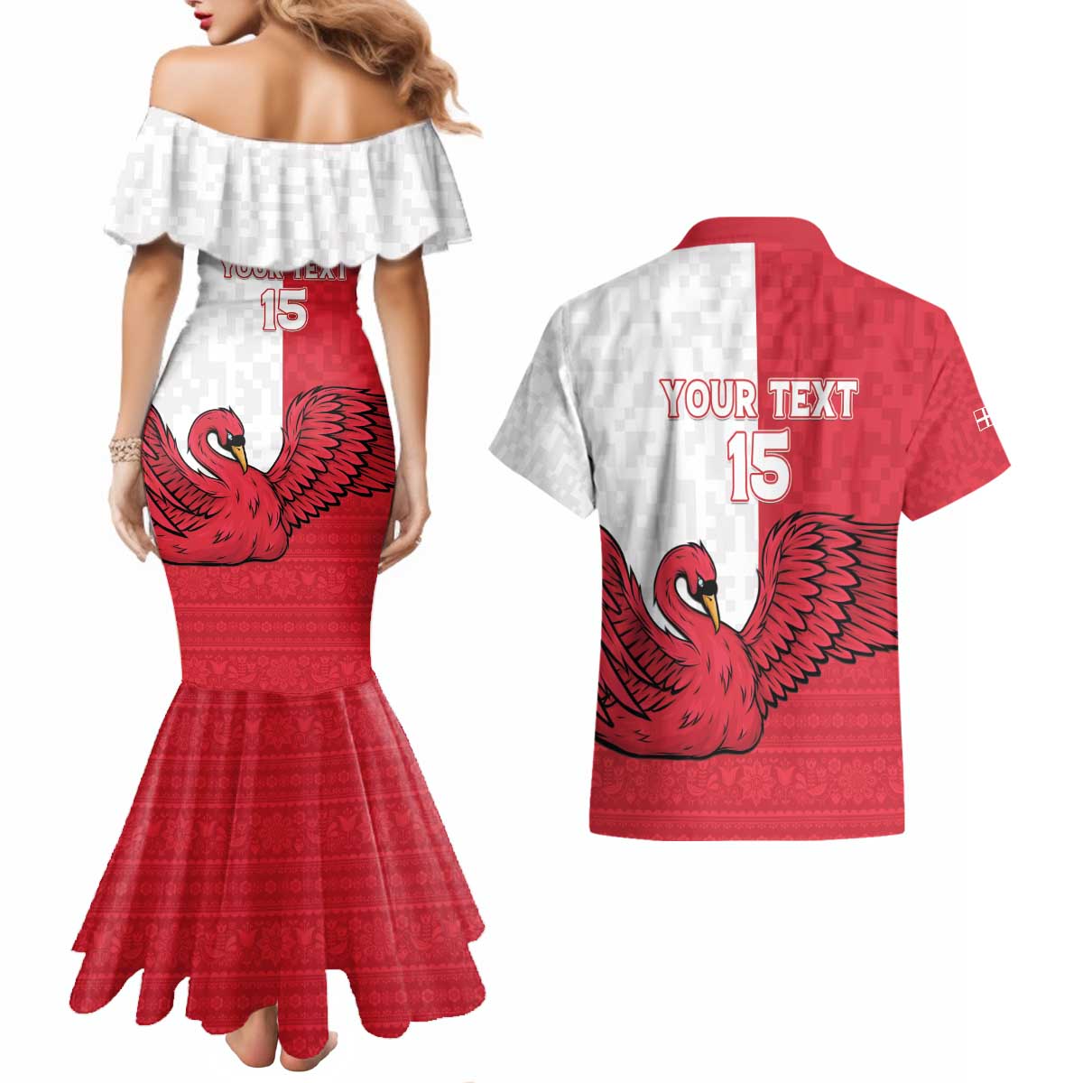 Custom Denmark Football Couples Matching Mermaid Dress and Hawaiian Shirt Red and Whites Scandinavia Pattern - Wonder Print Shop