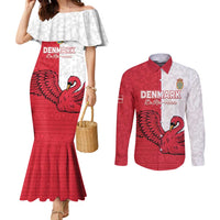 Custom Denmark Football Couples Matching Mermaid Dress and Long Sleeve Button Shirt Red and Whites Scandinavia Pattern - Wonder Print Shop