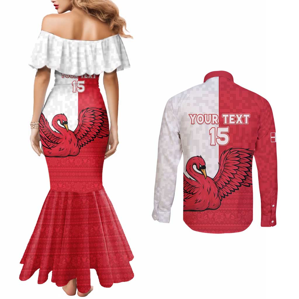Custom Denmark Football Couples Matching Mermaid Dress and Long Sleeve Button Shirt Red and Whites Scandinavia Pattern - Wonder Print Shop