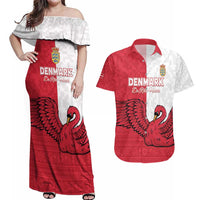 Custom Denmark Football Couples Matching Off Shoulder Maxi Dress and Hawaiian Shirt Red and Whites Scandinavia Pattern - Wonder Print Shop