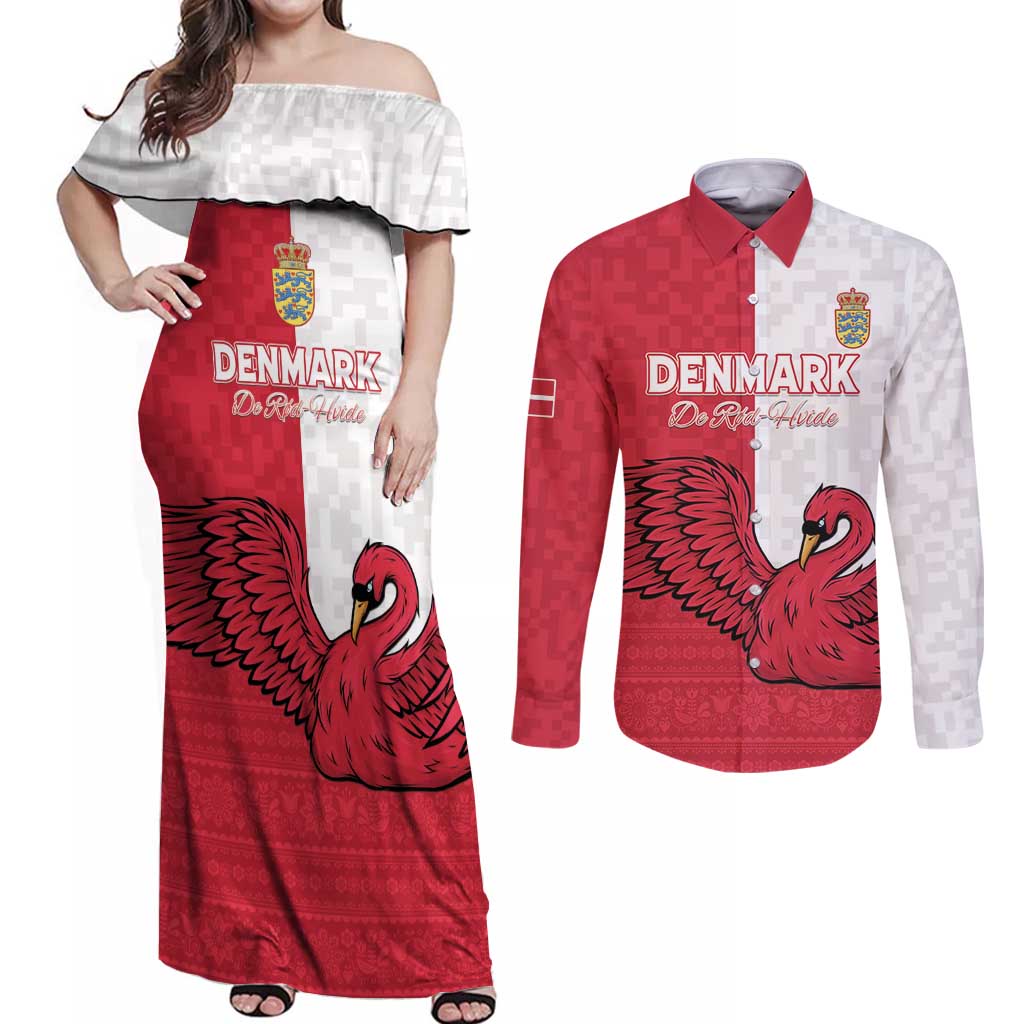 Custom Denmark Football Couples Matching Off Shoulder Maxi Dress and Long Sleeve Button Shirt Red and Whites Scandinavia Pattern - Wonder Print Shop