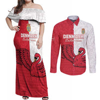 Custom Denmark Football Couples Matching Off Shoulder Maxi Dress and Long Sleeve Button Shirt Red and Whites Scandinavia Pattern - Wonder Print Shop