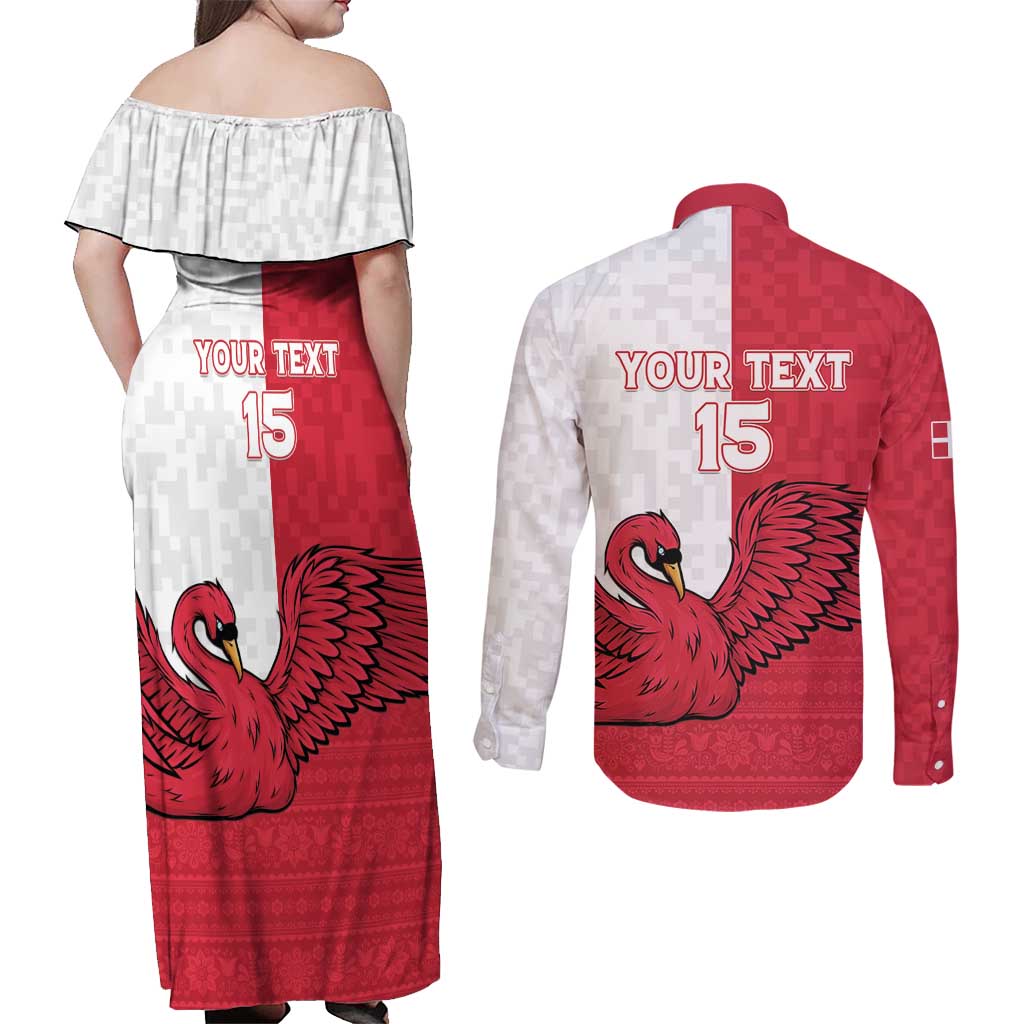 Custom Denmark Football Couples Matching Off Shoulder Maxi Dress and Long Sleeve Button Shirt Red and Whites Scandinavia Pattern - Wonder Print Shop