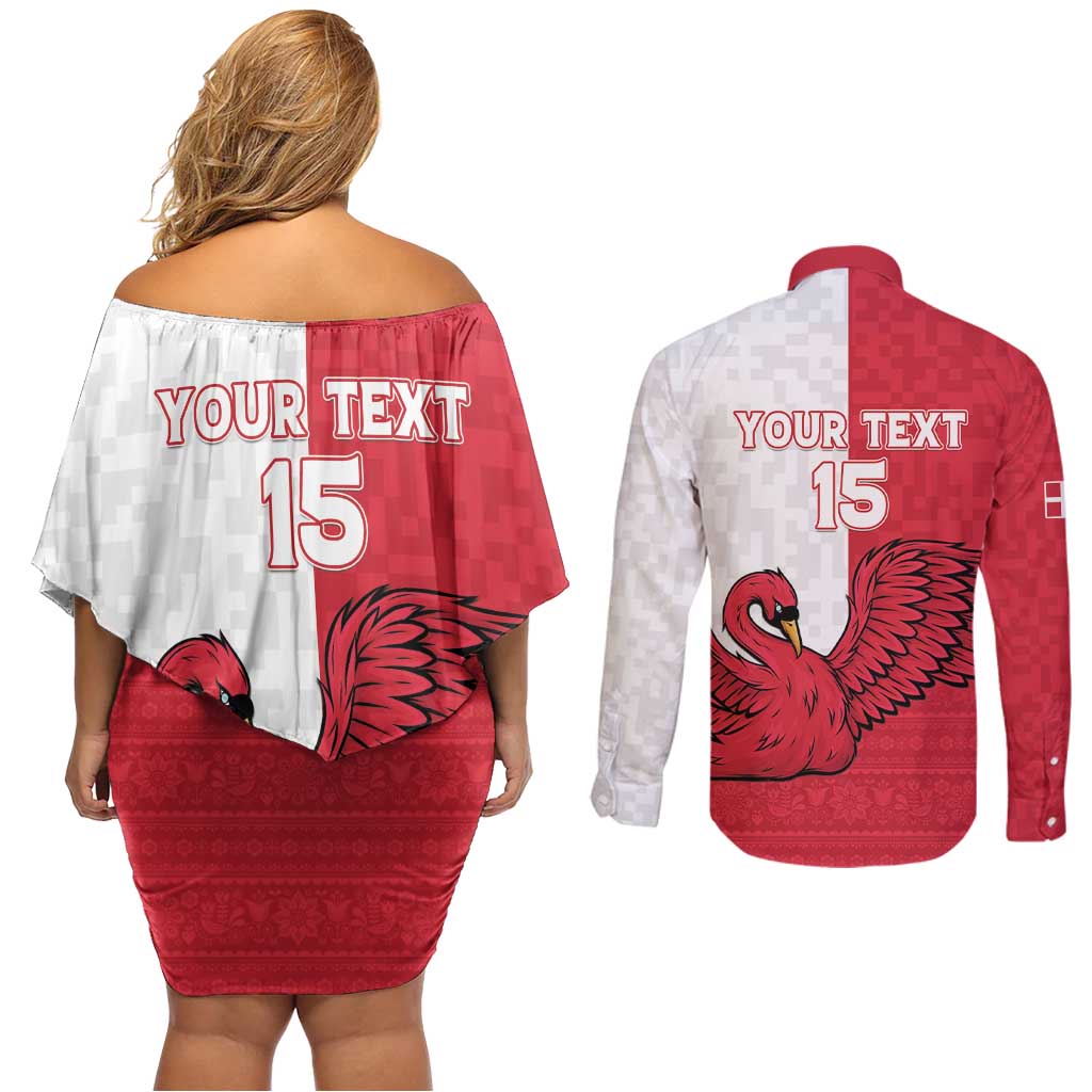 Custom Denmark Football Couples Matching Off Shoulder Short Dress and Long Sleeve Button Shirt Red and Whites Scandinavia Pattern - Wonder Print Shop