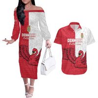 Custom Denmark Football Couples Matching Off The Shoulder Long Sleeve Dress and Hawaiian Shirt Red and Whites Scandinavia Pattern - Wonder Print Shop