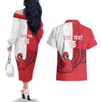 Custom Denmark Football Couples Matching Off The Shoulder Long Sleeve Dress and Hawaiian Shirt Red and Whites Scandinavia Pattern - Wonder Print Shop