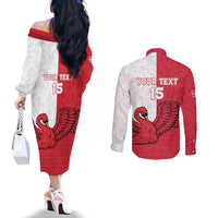 Custom Denmark Football Couples Matching Off The Shoulder Long Sleeve Dress and Long Sleeve Button Shirt Red and Whites Scandinavia Pattern - Wonder Print Shop