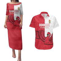 Custom Denmark Football Couples Matching Puletasi and Hawaiian Shirt Red and Whites Scandinavia Pattern - Wonder Print Shop