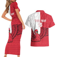 Custom Denmark Football Couples Matching Short Sleeve Bodycon Dress and Hawaiian Shirt Red and Whites Scandinavia Pattern - Wonder Print Shop