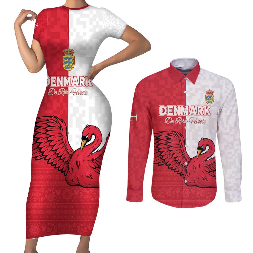 Custom Denmark Football Couples Matching Short Sleeve Bodycon Dress and Long Sleeve Button Shirt Red and Whites Scandinavia Pattern - Wonder Print Shop