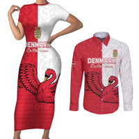 Custom Denmark Football Couples Matching Short Sleeve Bodycon Dress and Long Sleeve Button Shirt Red and Whites Scandinavia Pattern - Wonder Print Shop