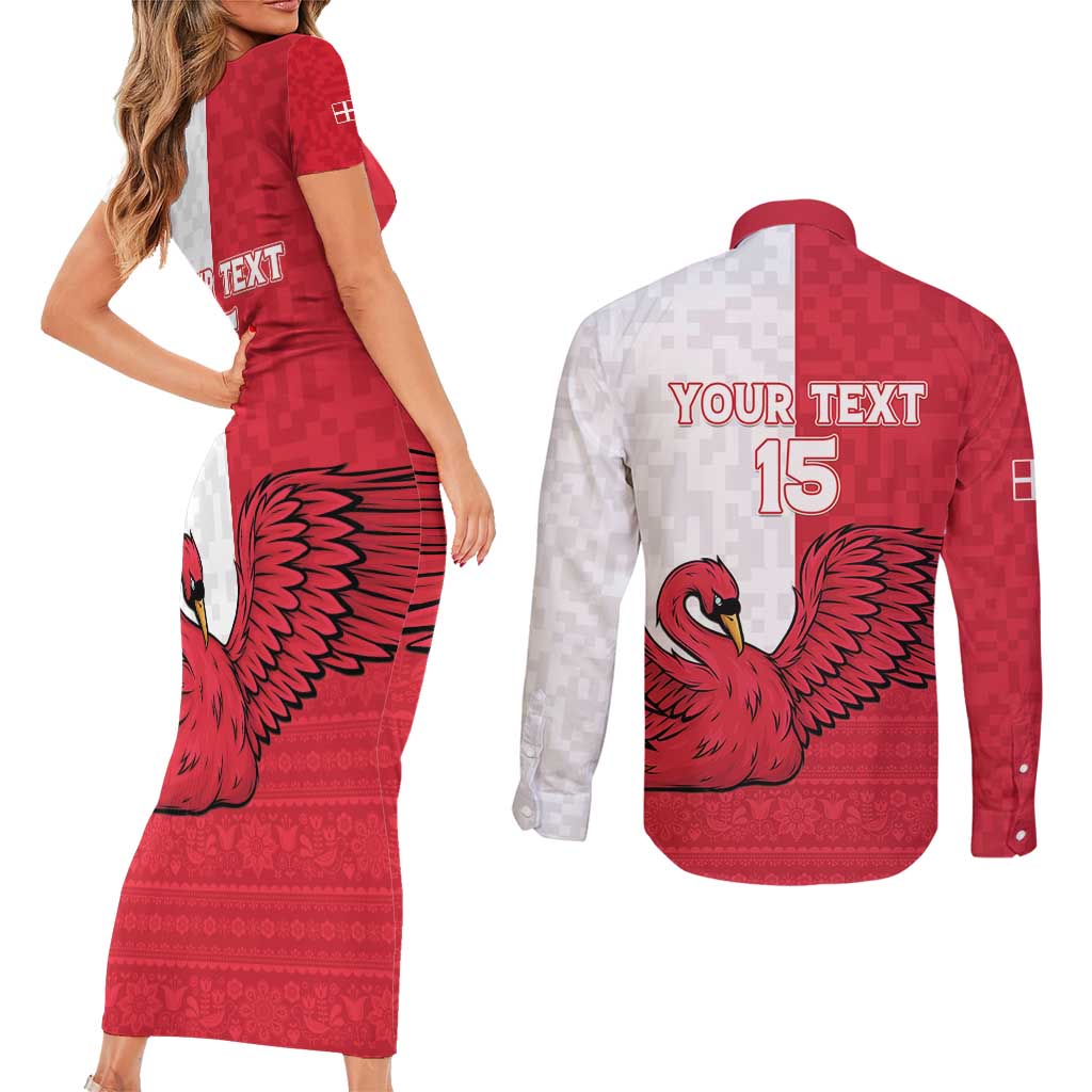 Custom Denmark Football Couples Matching Short Sleeve Bodycon Dress and Long Sleeve Button Shirt Red and Whites Scandinavia Pattern - Wonder Print Shop