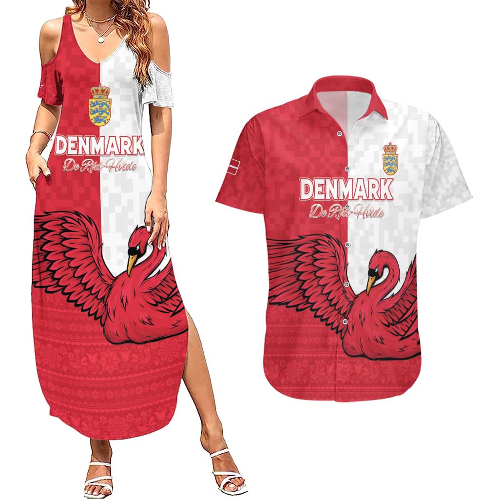Custom Denmark Football Couples Matching Summer Maxi Dress and Hawaiian Shirt Red and Whites Scandinavia Pattern - Wonder Print Shop