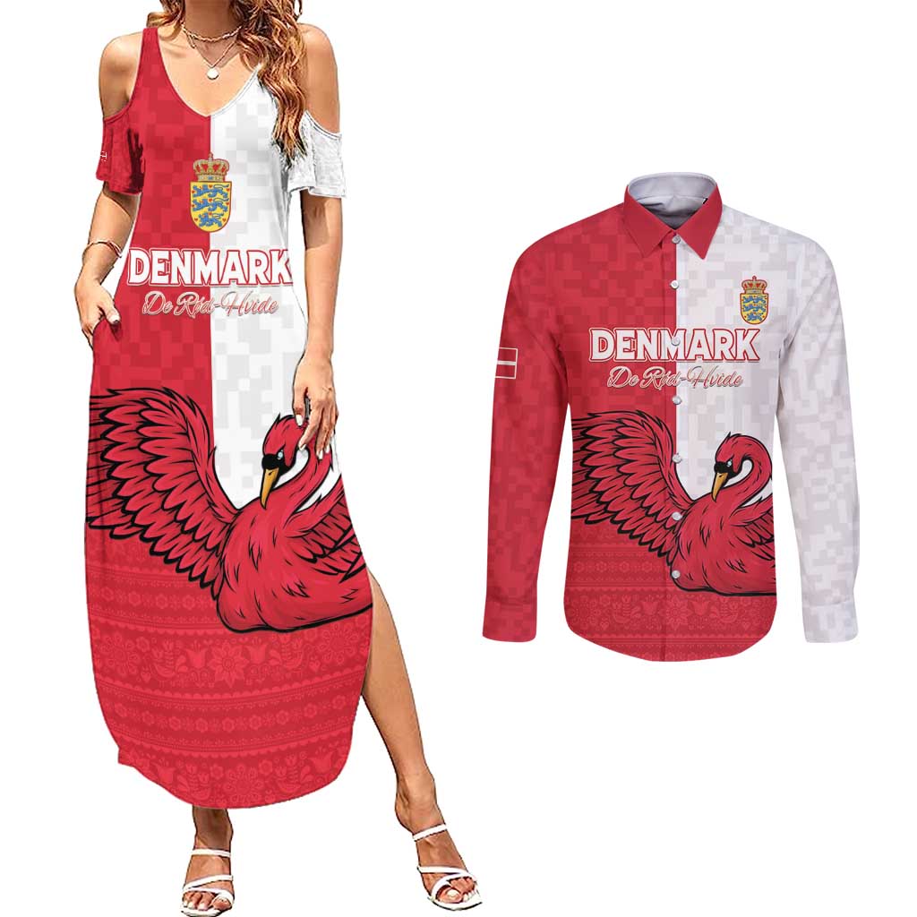 Custom Denmark Football Couples Matching Summer Maxi Dress and Long Sleeve Button Shirt Red and Whites Scandinavia Pattern - Wonder Print Shop