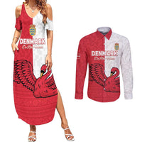 Custom Denmark Football Couples Matching Summer Maxi Dress and Long Sleeve Button Shirt Red and Whites Scandinavia Pattern - Wonder Print Shop