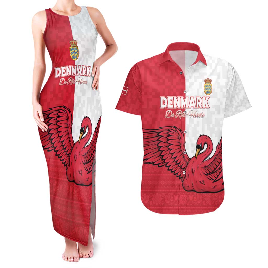 Custom Denmark Football Couples Matching Tank Maxi Dress and Hawaiian Shirt Red and Whites Scandinavia Pattern - Wonder Print Shop