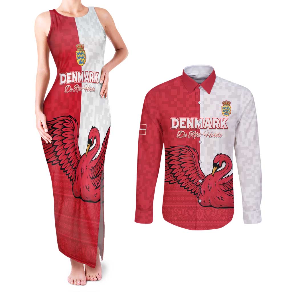 Custom Denmark Football Couples Matching Tank Maxi Dress and Long Sleeve Button Shirt Red and Whites Scandinavia Pattern - Wonder Print Shop