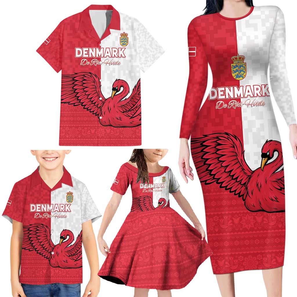 Custom Denmark Football Family Matching Long Sleeve Bodycon Dress and Hawaiian Shirt Red and Whites Scandinavia Pattern - Wonder Print Shop