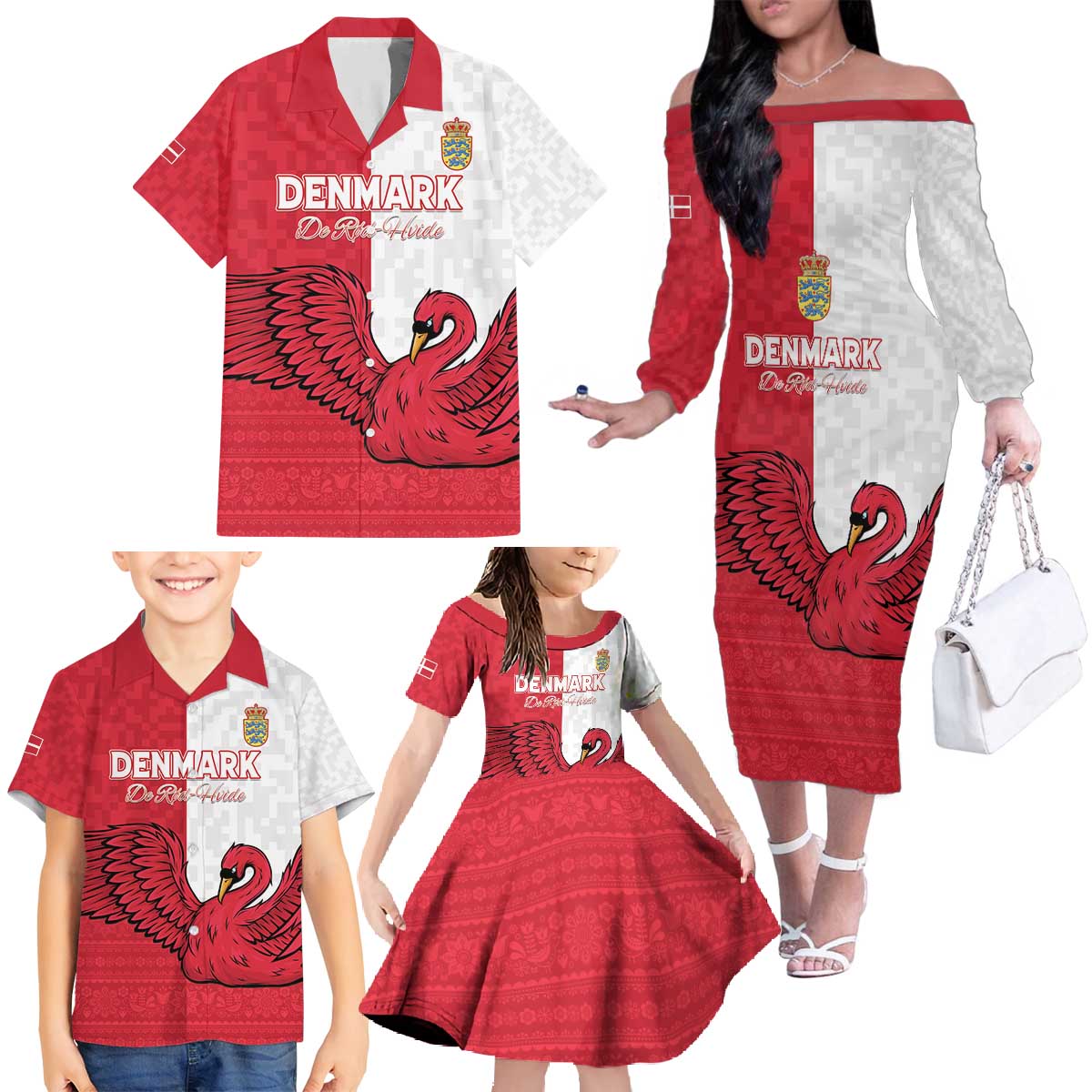 Custom Denmark Football Family Matching Off The Shoulder Long Sleeve Dress and Hawaiian Shirt Red and Whites Scandinavia Pattern - Wonder Print Shop