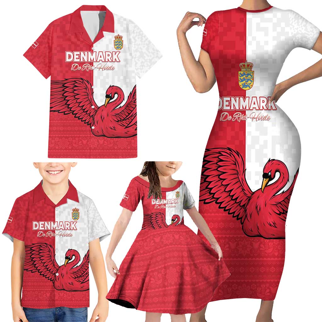 Custom Denmark Football Family Matching Short Sleeve Bodycon Dress and Hawaiian Shirt Red and Whites Scandinavia Pattern - Wonder Print Shop