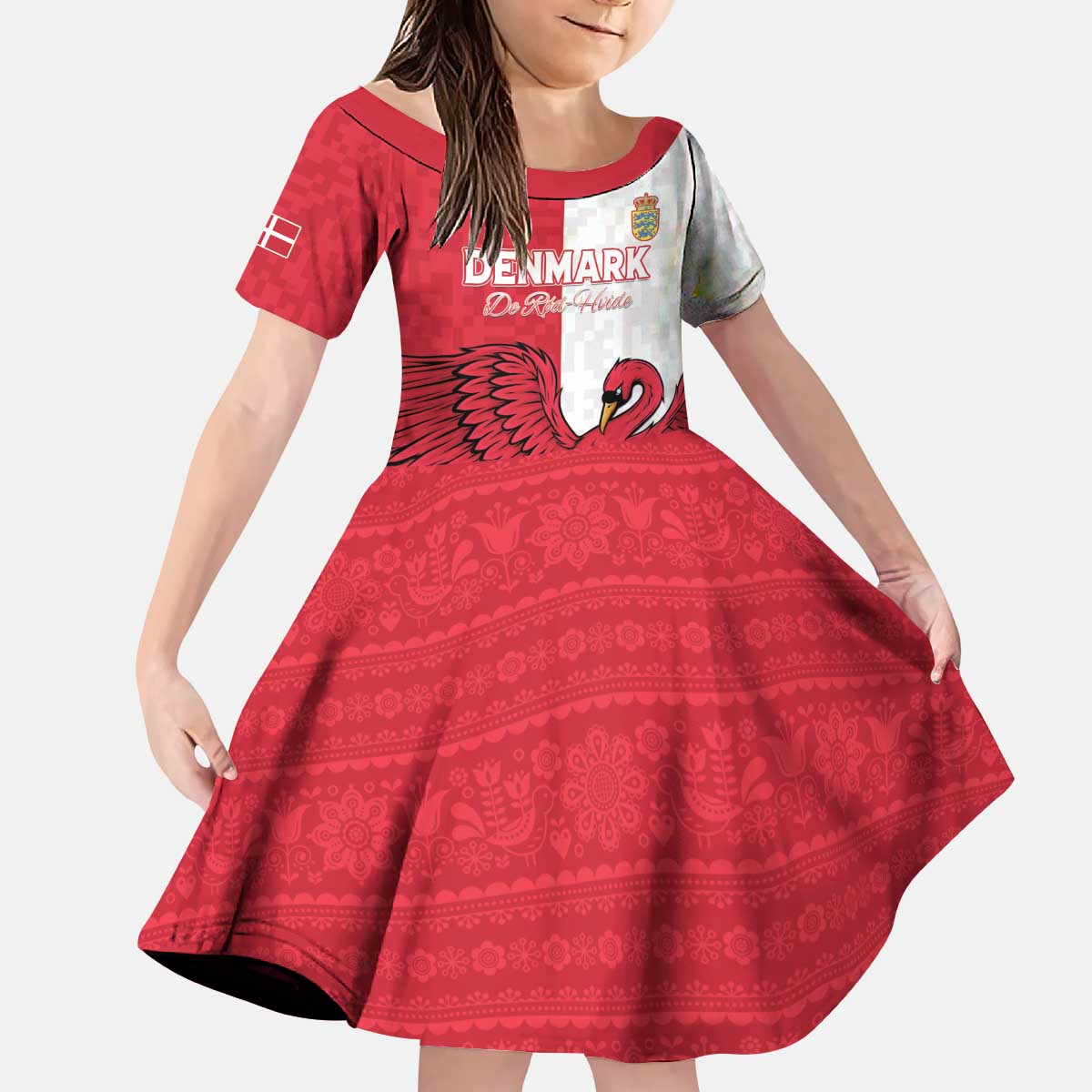 Custom Denmark Football Kid Short Sleeve Dress Red and Whites Scandinavia Pattern - Wonder Print Shop