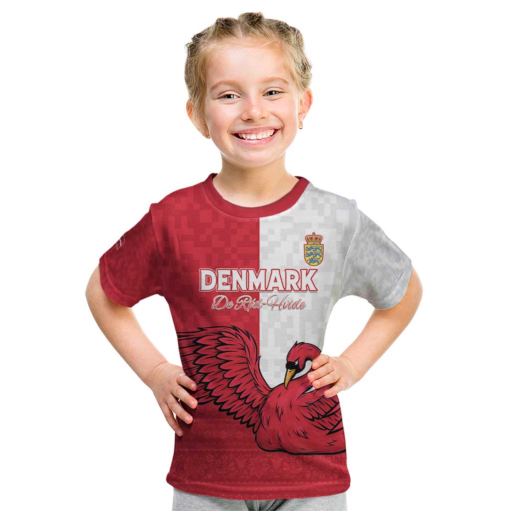 Custom Denmark Football Kid T Shirt Red and Whites Scandinavia Pattern - Wonder Print Shop